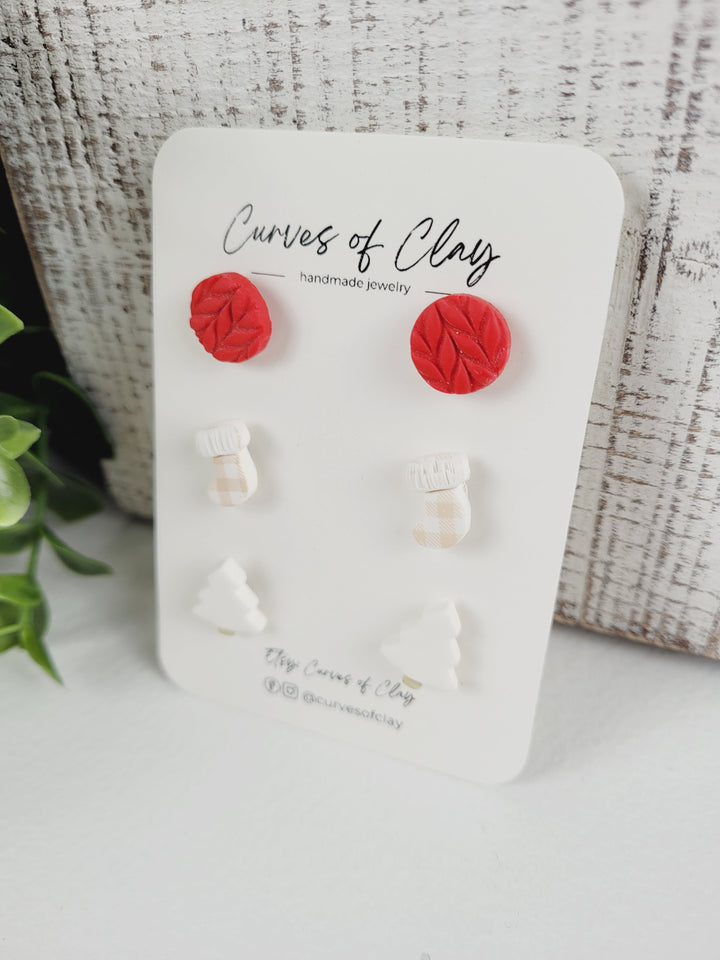 Curves of Clay, Holiday Stud Earrings 3 Pack