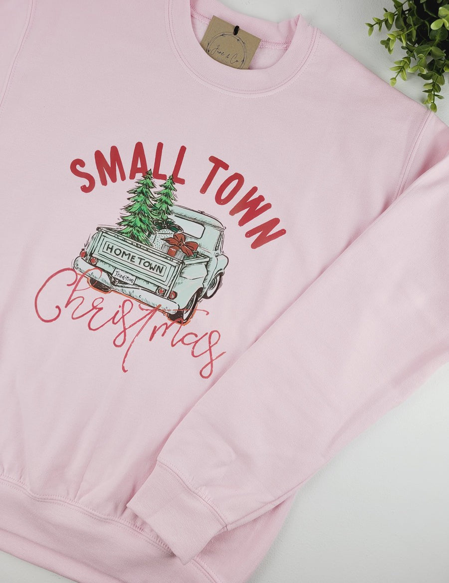 June & Co Designs, Pink Small Town Christmas Holiday Crewneck Sweater