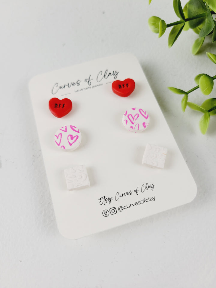 Curves of Clay, Valentine & Love Inspired Stud Earrings 3 Pack