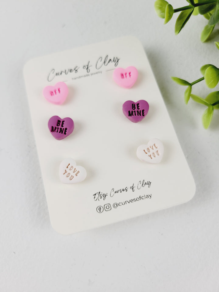 Curves of Clay, Valentine & Love Inspired Stud Earrings 3 Pack