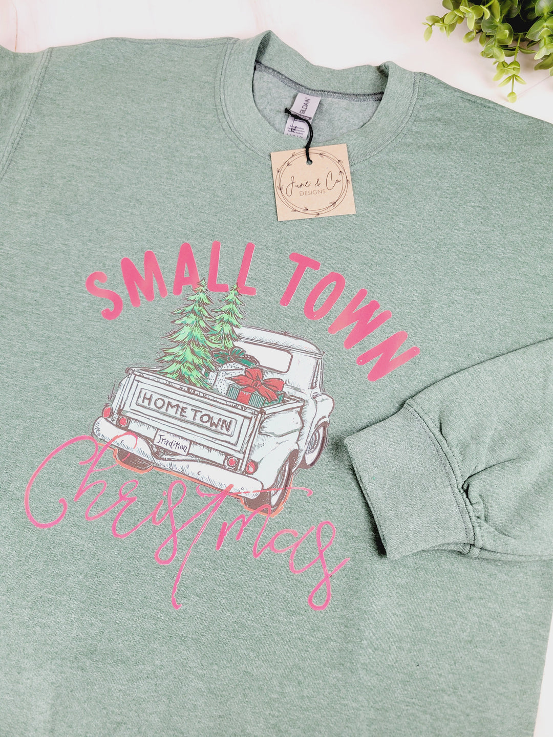 June & Co Designs, Green Small Town Christmas Holiday Crewneck Sweaters