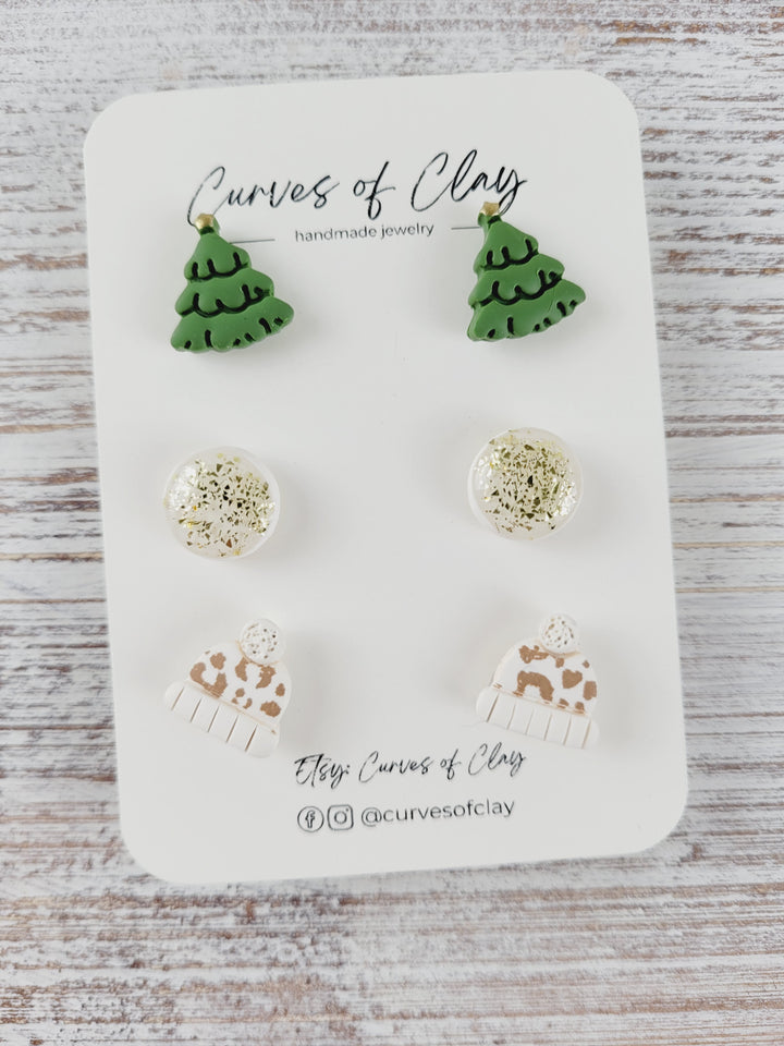 Curves of Clay, Holiday Stud Earrings 3 Pack