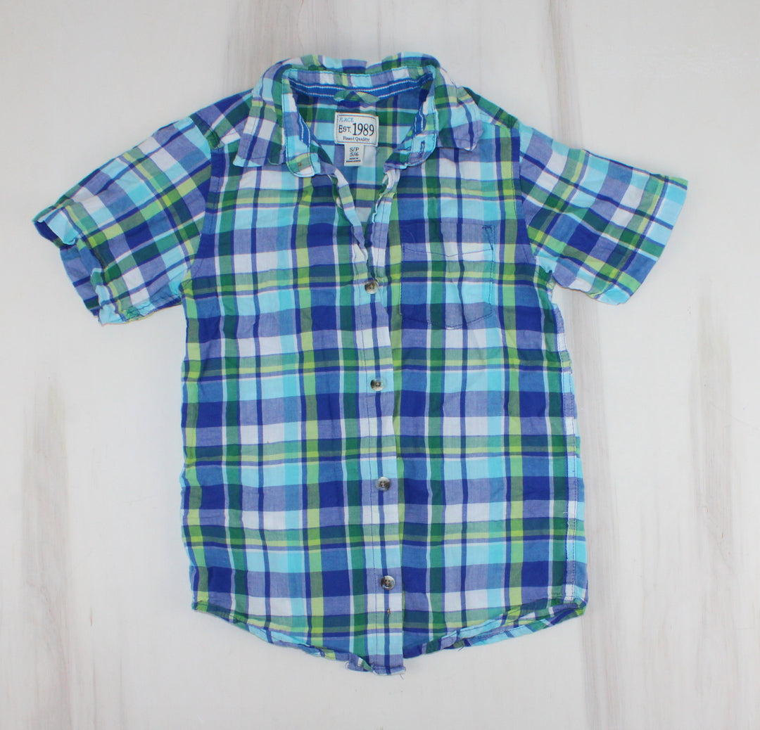 CHILDRENS PLACE BLUE & GREEN PLAID TOP 5/6Y PRE-LOVED