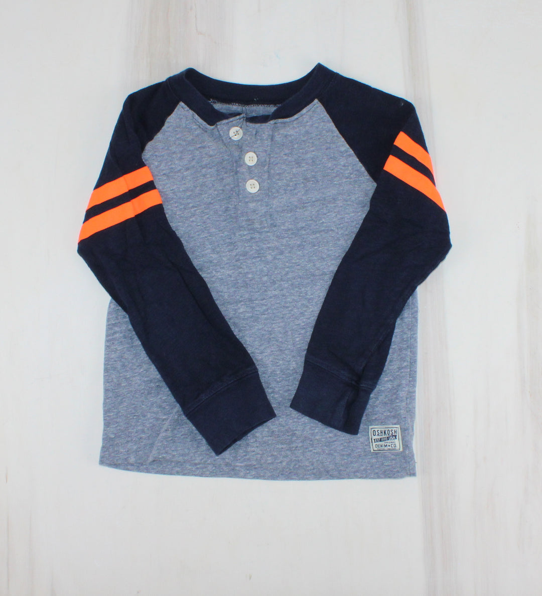 OSH KOSH BLUE & ORANGE RAGLAN TOP 4/5Y PRE-LOVED/EUC