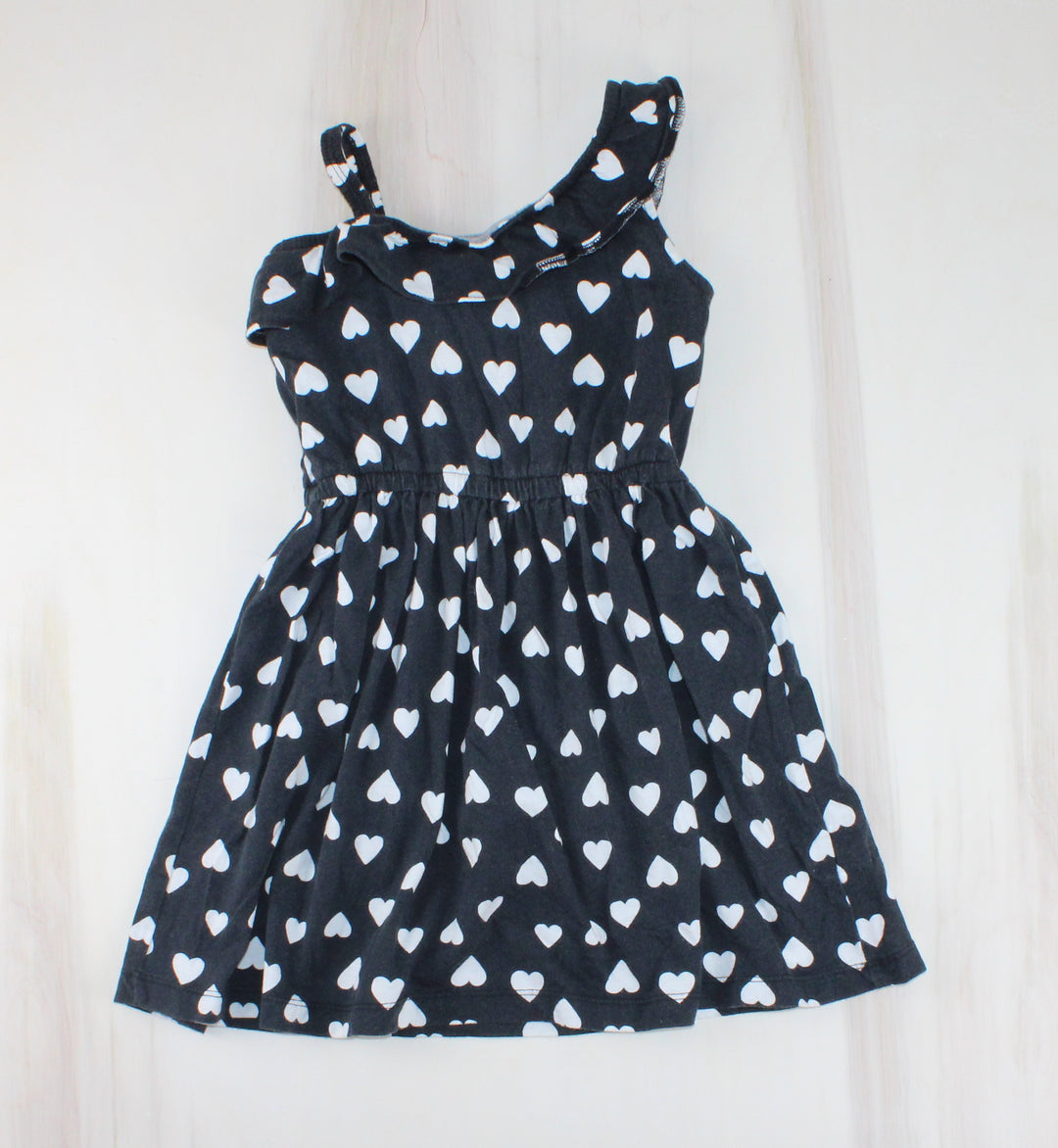 CARTERS BLACK WITH WHITE HEARTS DRESS 4-5Y PRE-LOVED